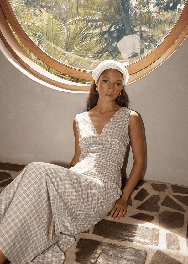 Afends Drew - Seersucker Maxi Dress Taupe Check