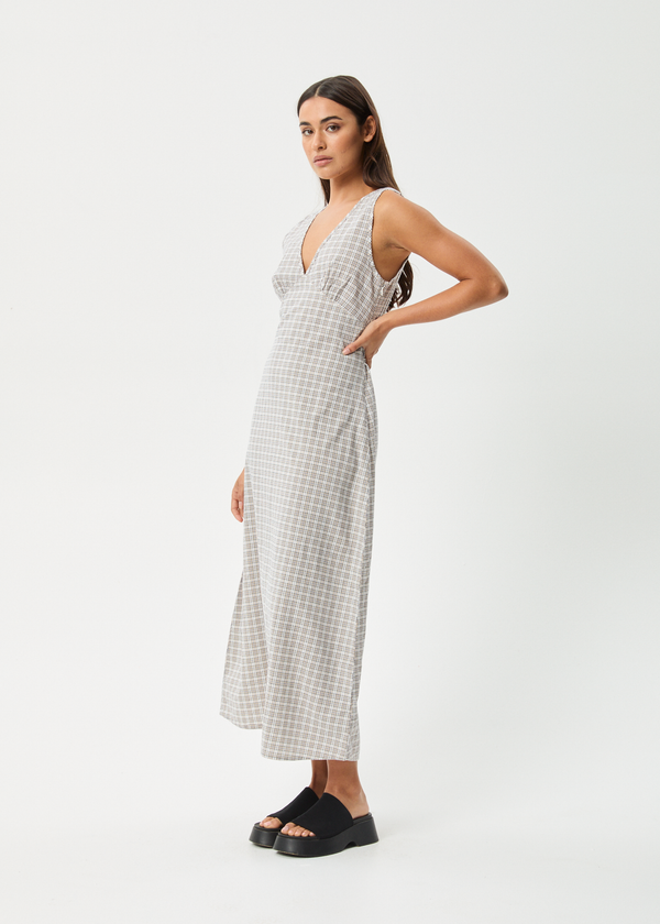 Afends Drew - Seersucker Maxi Dress Taupe Check