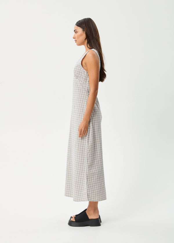Afends Drew - Seersucker Maxi Dress Taupe Check