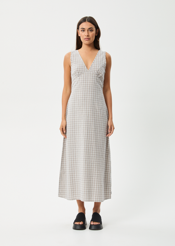 afends Drew - Seersucker Maxi Dress Taupe Check