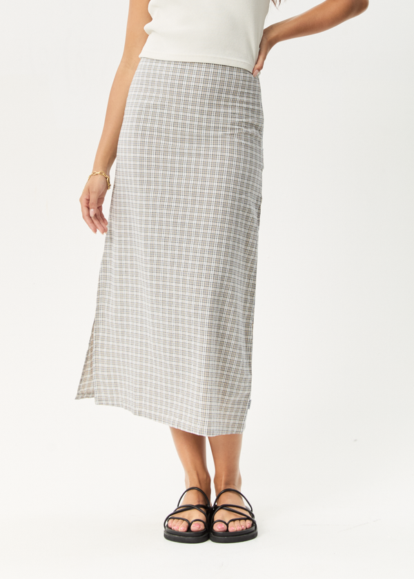 Afends Drew - Seersucker Midi Skirt Taupe Check
