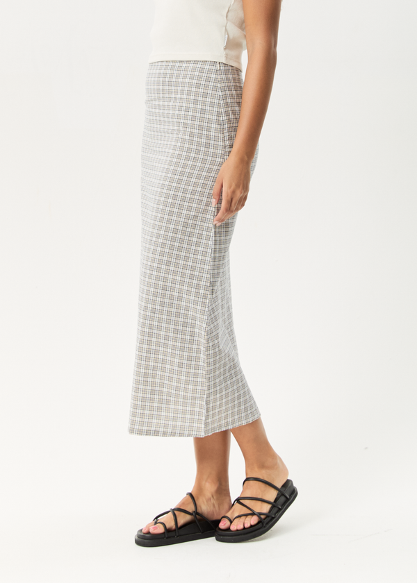 Afends Drew - Seersucker Midi Skirt Taupe Check
