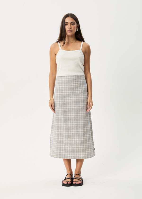 afends Drew - Seersucker Midi Skirt Taupe Check