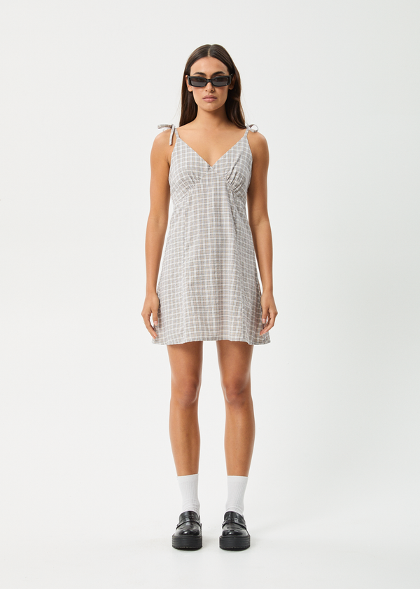 Afends Drew - Seersucker Mini Dress Taupe Check