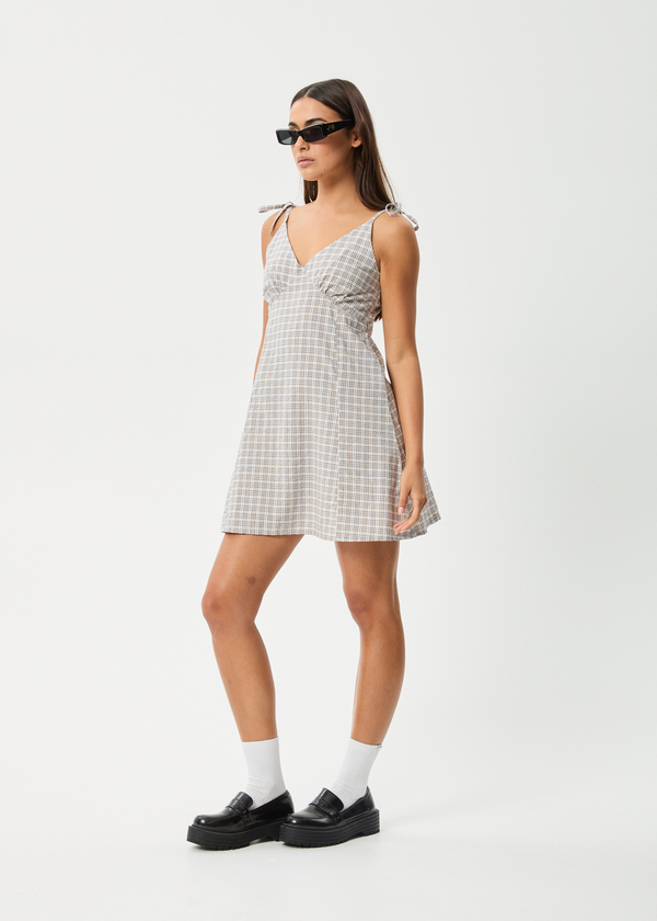 Afends Drew - Seersucker Mini Dress Taupe Check