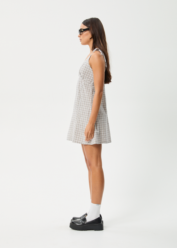 Afends Drew - Seersucker Mini Dress Taupe Check