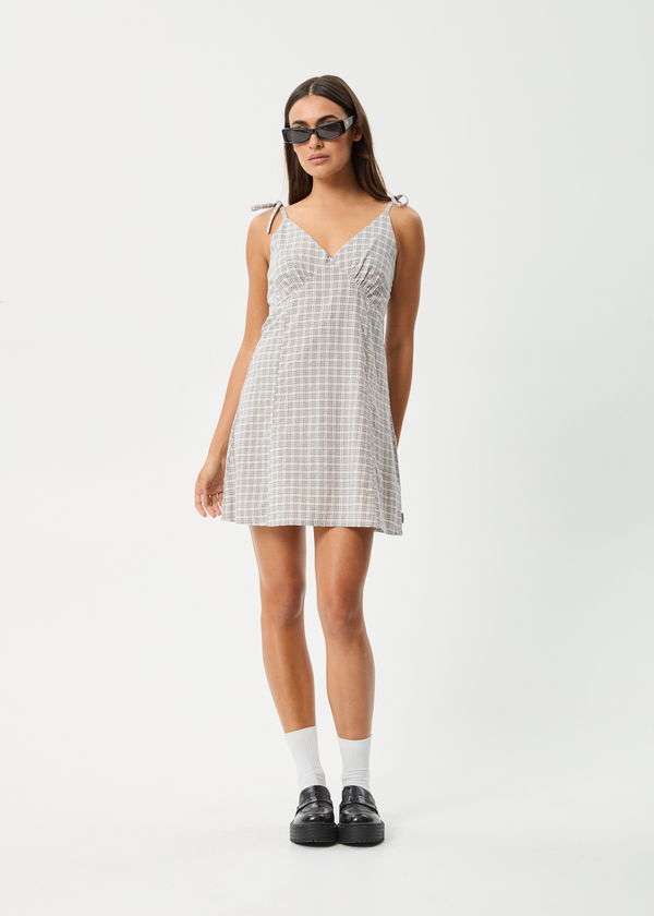 afends Drew - Seersucker Mini Dress Taupe Check