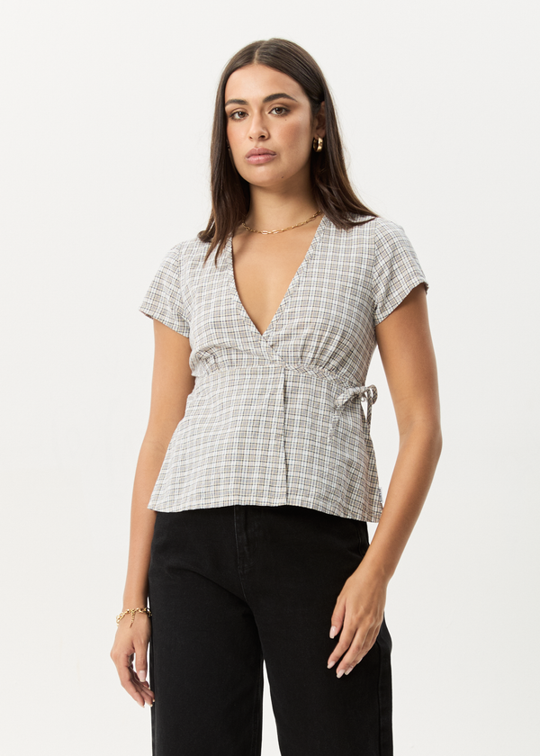 Afends Drew - Seersucker Tie Top Taupe Check