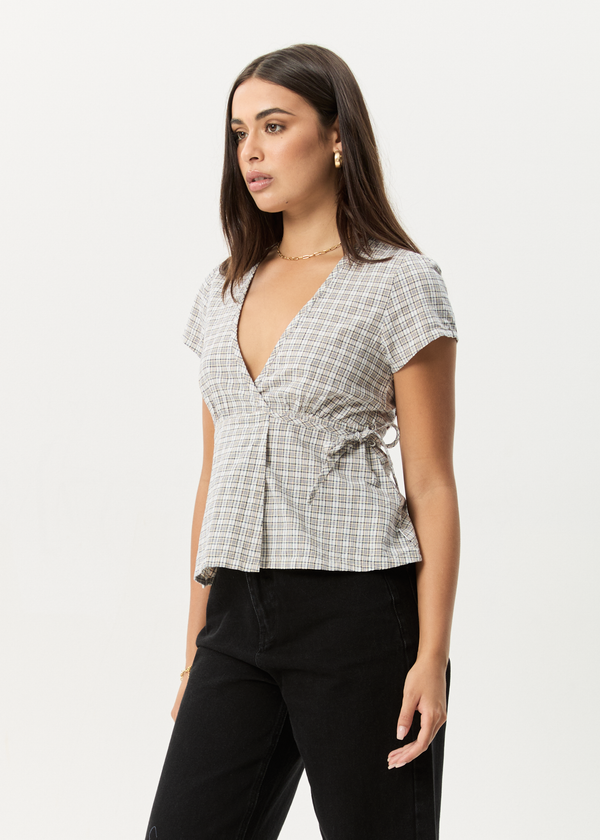 Afends Drew - Seersucker Tie Top Taupe Check