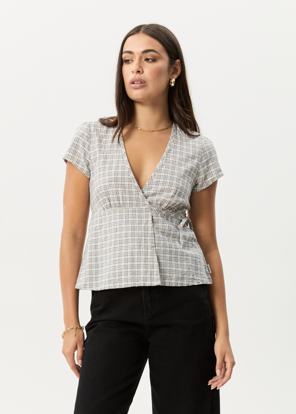 afends Drew - Seersucker Tie Top Taupe Check