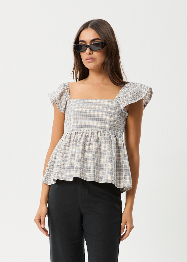 Afends Drew - Seersucker Top Taupe Check