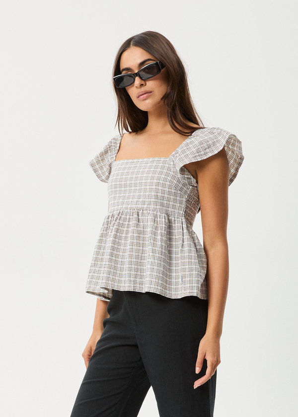 Afends Drew - Seersucker Top Taupe Check
