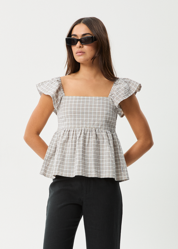 afends Drew - Seersucker Top Taupe Check