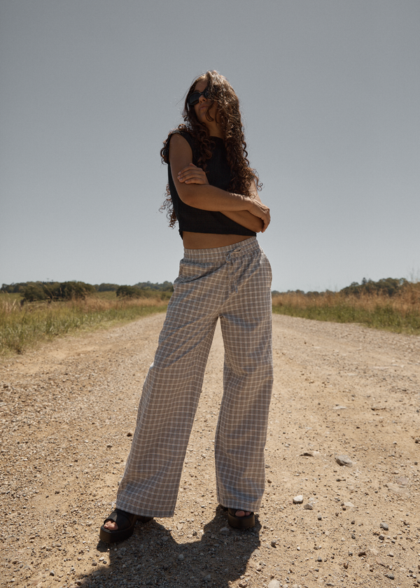 Afends Drew - Seersucker Wide Leg Pant Taupe Check