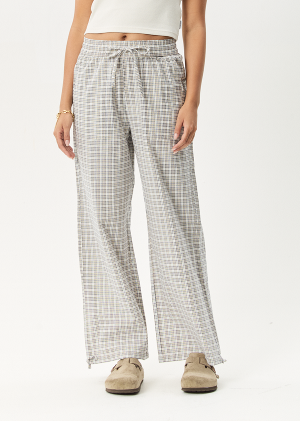 Afends Drew - Seersucker Wide Leg Pant Taupe Check