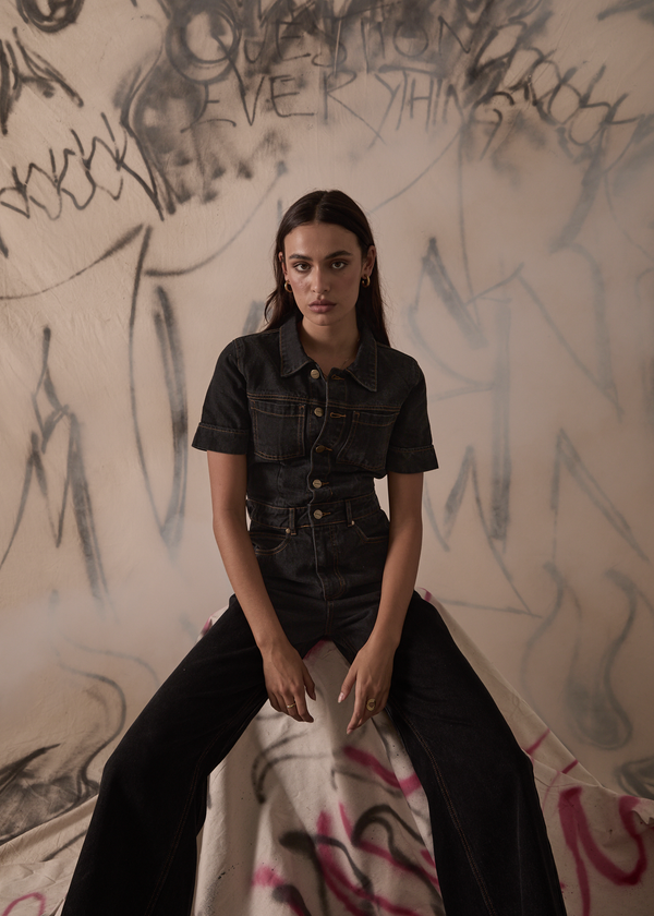 Afends Estrella - Denim Flared Jumpsuit Black