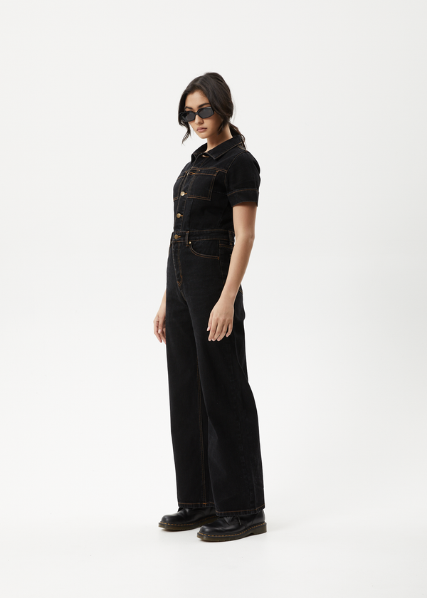 Afends Estrella - Denim Flared Jumpsuit Black