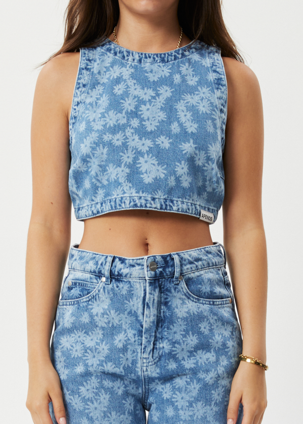 Afends Fink - Denim Cropped Top Worn Blue Daisy