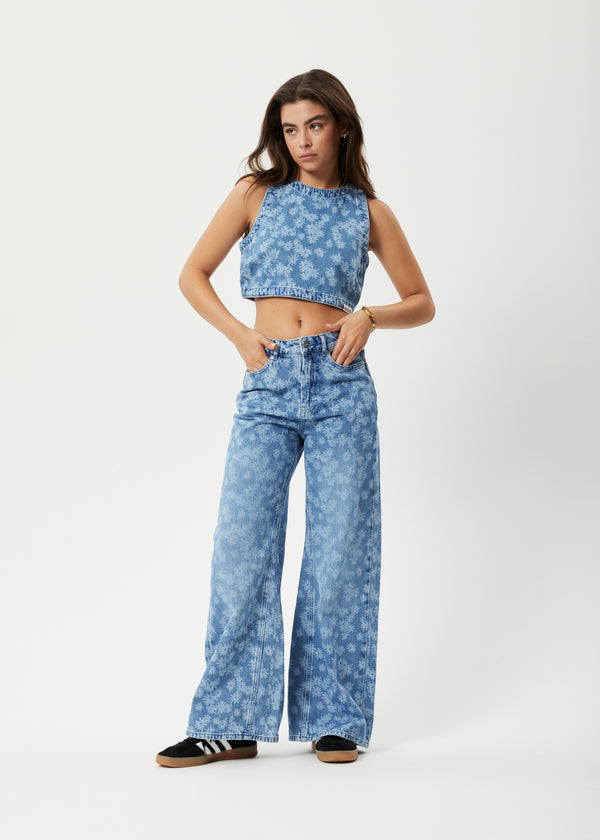 Afends Fink - Denim Cropped Top Worn Blue Daisy