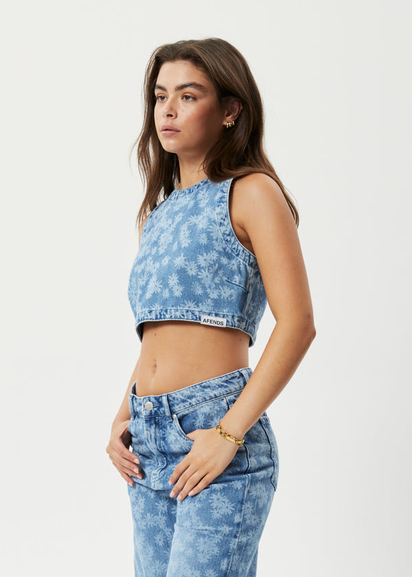 Afends Fink - Denim Cropped Top Worn Blue Daisy