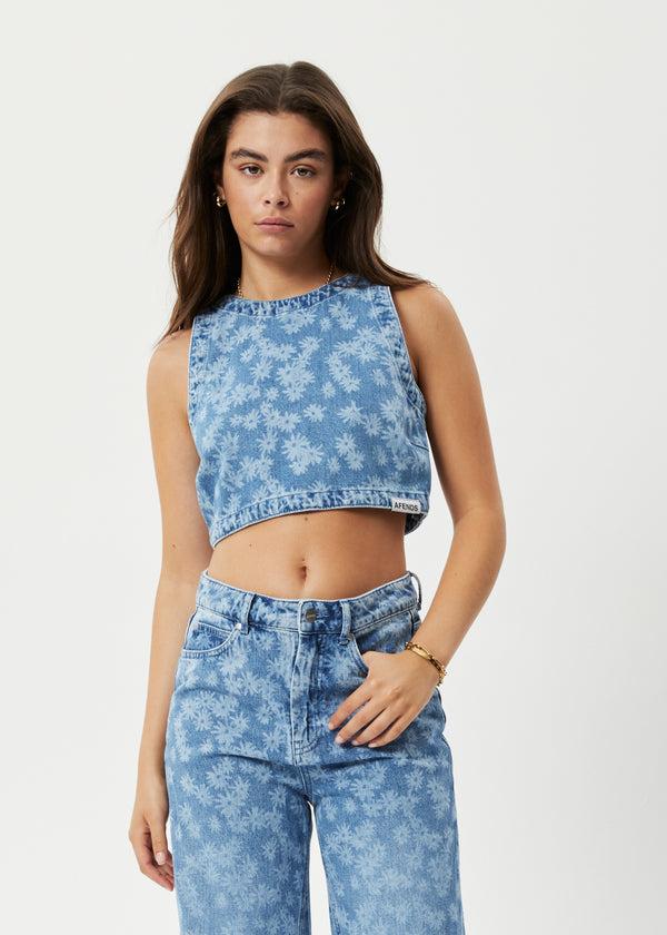 afends Fink - Denim Cropped Top Worn Blue Daisy