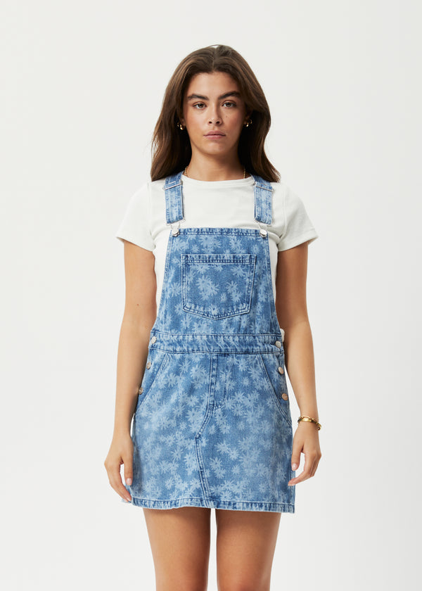 Afends Fink - Denim Overall Dress Worn Blue Daisy