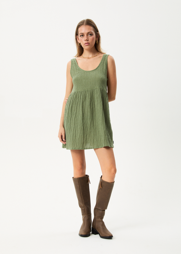 afends Focus Jesse - Seersucker Mini Dress Oil Green