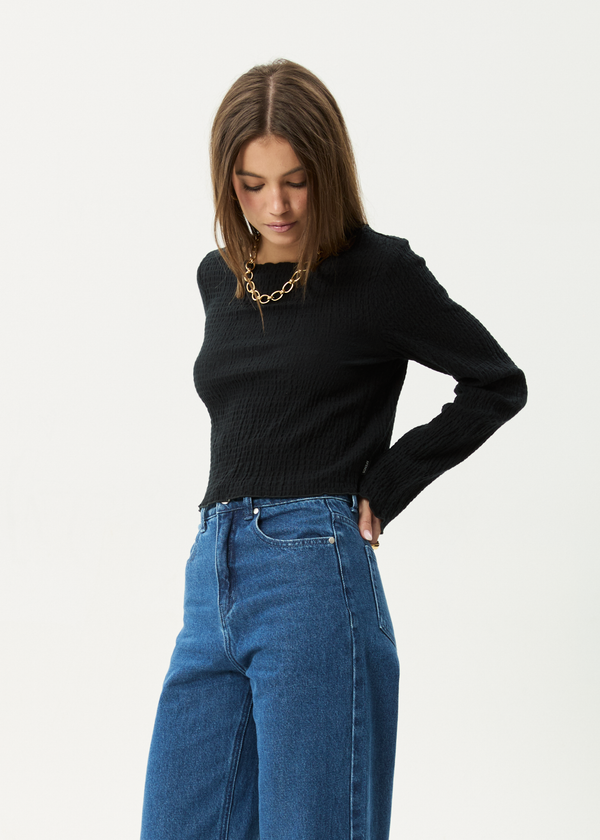 Afends Focus - Seersucker Long Sleeve Top Black