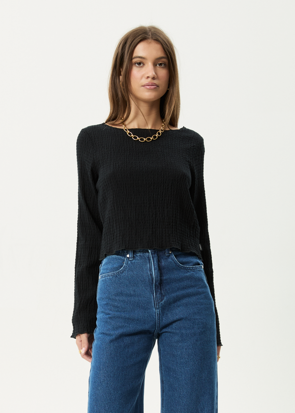 afends Focus - Seersucker Long Sleeve Top Black