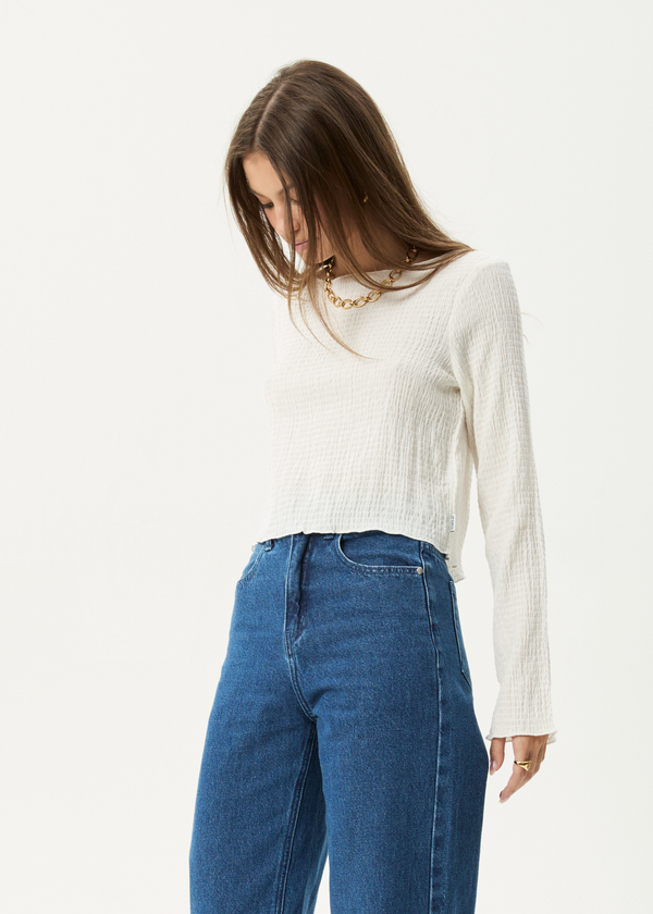 Afends Focus - Seersucker Long Sleeve Top Off White