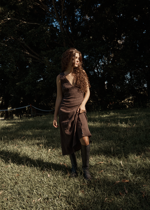 Afends Focus - Seersucker Maxi Dress Coffee