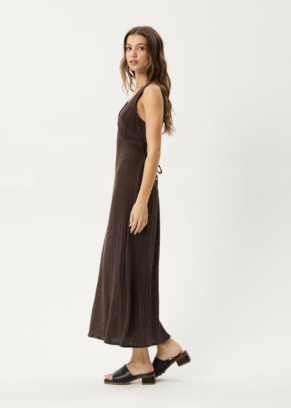 Afends Focus - Seersucker Maxi Dress Coffee