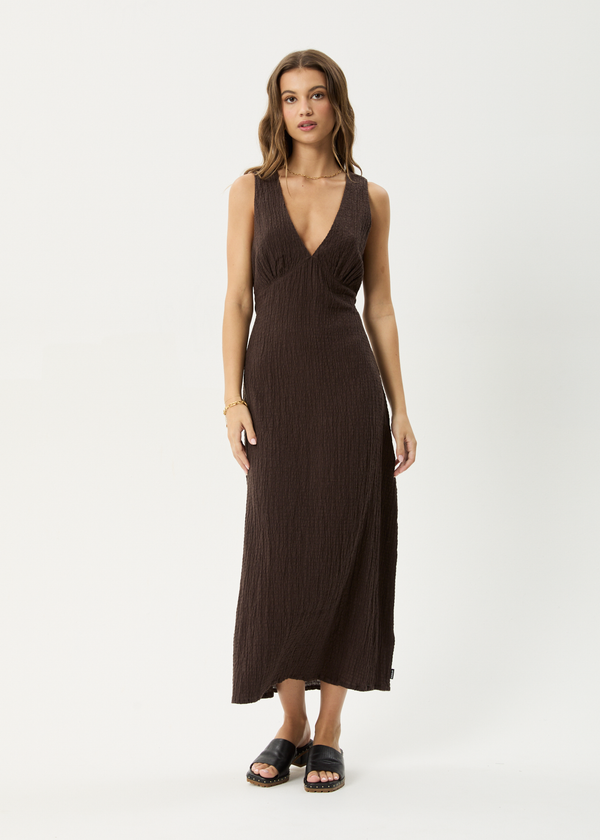 afends Focus - Seersucker Maxi Dress Coffee