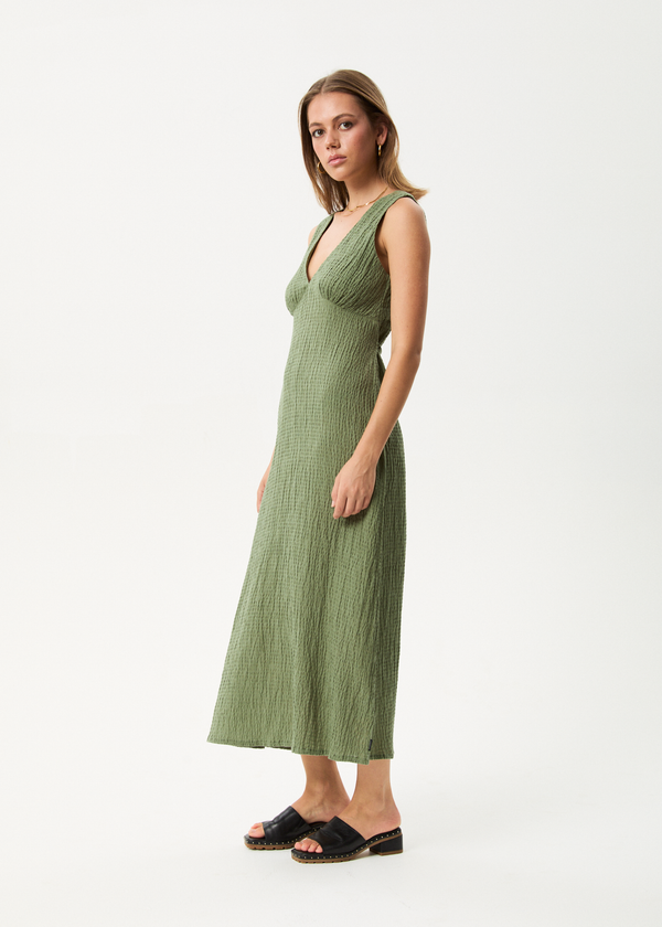 Afends Focus - Seersucker Maxi Dress Oil Green