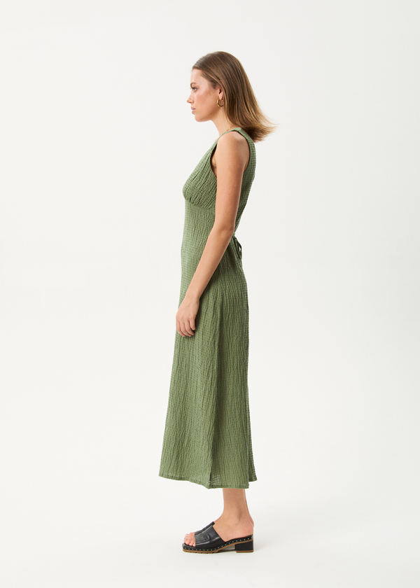 Afends Focus - Seersucker Maxi Dress Oil Green