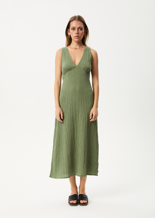afends Focus - Seersucker Maxi Dress Oil Green