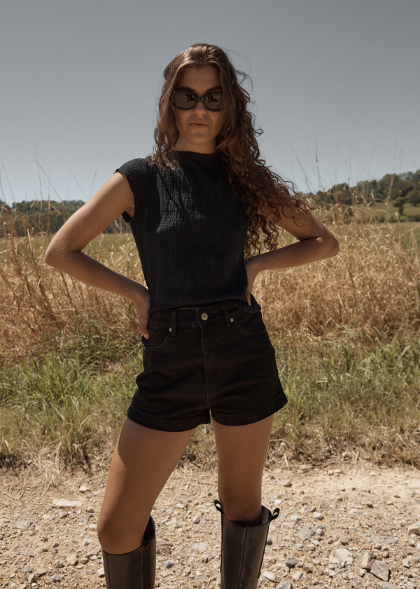 Afends Focus - Seersucker Mock Neck Top Black