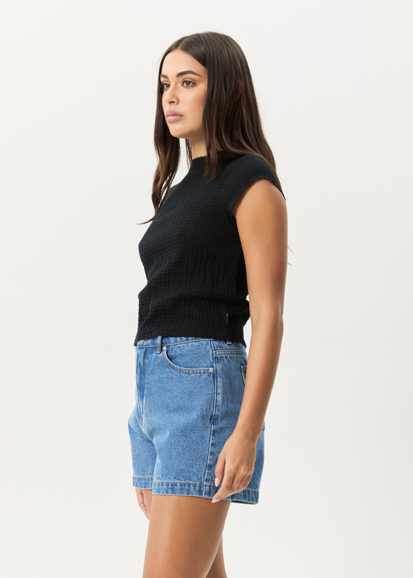 Afends Focus - Seersucker Mock Neck Top Black