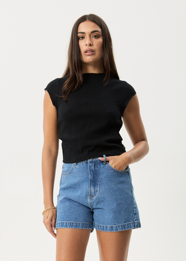 afends Focus - Seersucker Mock Neck Top Black
