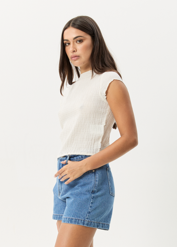 Afends Focus - Seersucker Mock Neck Top Off White