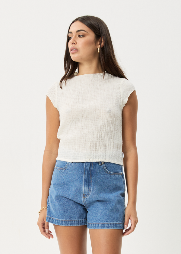 afends Focus - Seersucker Mock Neck Top Off White