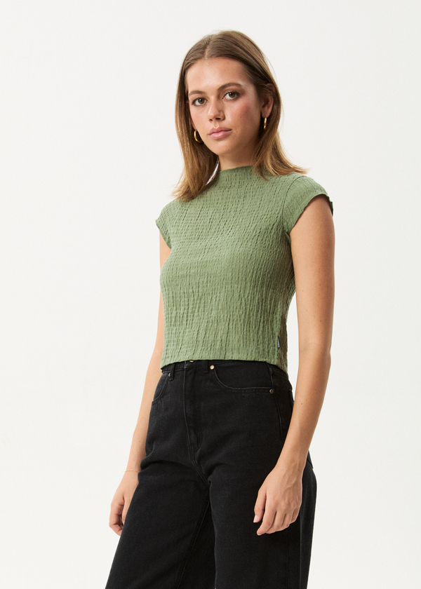 Afends Focus - Seersucker Mock Neck Top Oil Green