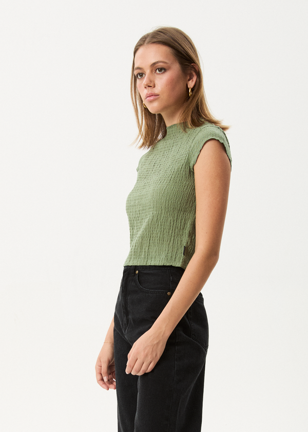 Afends Focus - Seersucker Mock Neck Top Oil Green