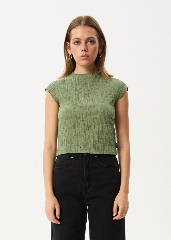 afends Focus - Seersucker Mock Neck Top Oil Green