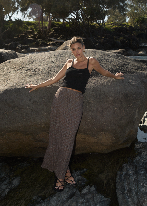 Afends Hometown - Seersucker Maxi Skirt Coffee