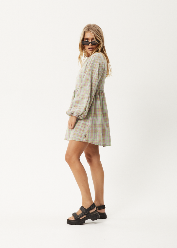 Afends Kali - Long Sleeve Mini Dress Pistachio Check