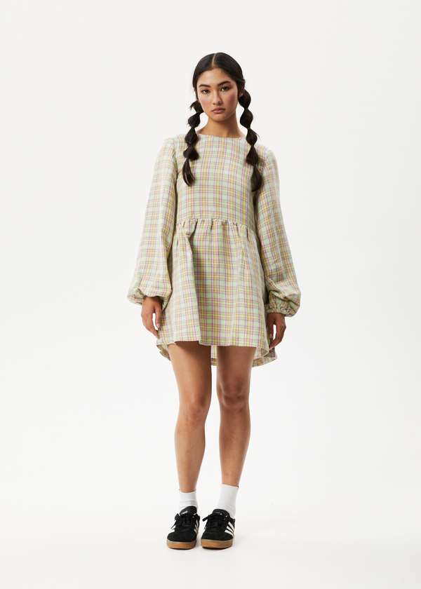 Afends Kali - Long Sleeve Mini Dress Pistachio Check