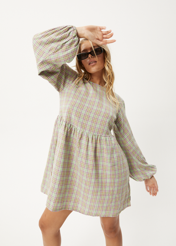 afends Kali - Long Sleeve Mini Dress Pistachio Check