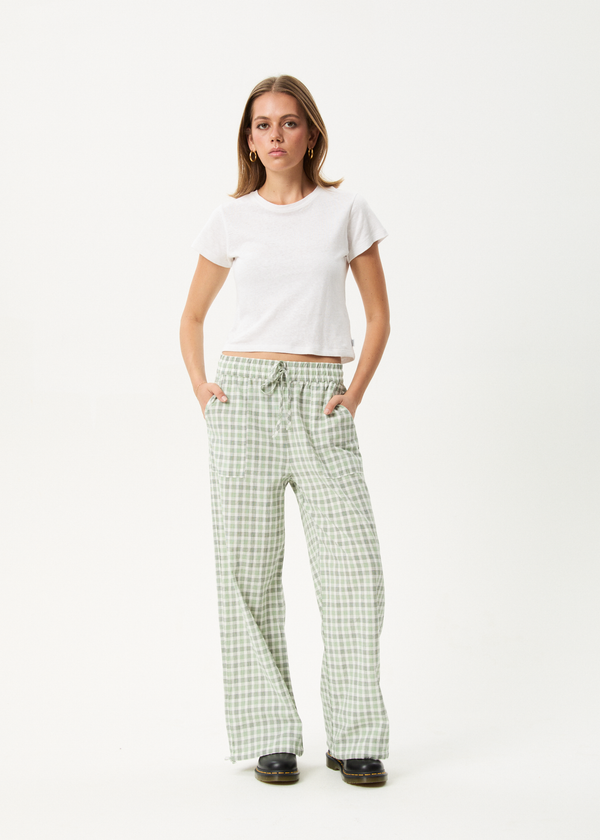 afends Leo - Seersucker Wide Leg Pant Green / White