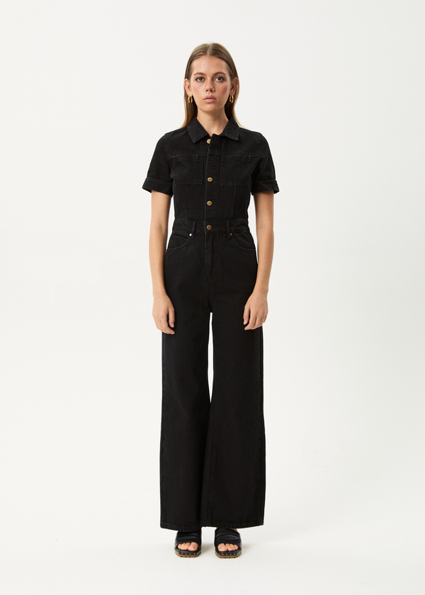 Afends Miami - Denim Flared Jumpsuit Washed Black
